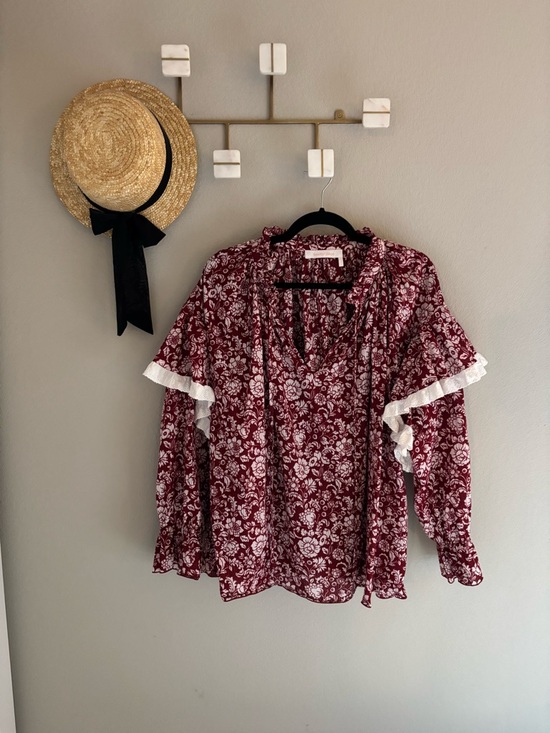 See By Chloe Tops - See by Chloe Floral Red White Printed V-Neck Tie Ruffle Blouse 44/12